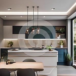 A contemporary kitchen with high-gloss cabinets, a breakfast bar, and pendant lights3