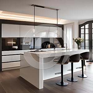 A contemporary kitchen with high-gloss cabinets, a breakfast bar, and pendant lights3
