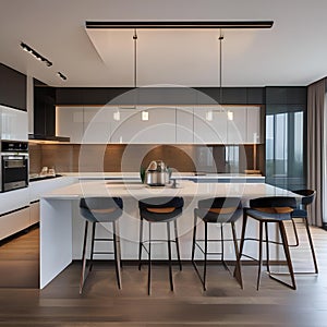 A contemporary kitchen with high-gloss cabinets, a breakfast bar, and pendant lights1