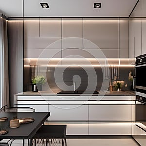 A contemporary kitchen with high-gloss cabinets, a breakfast bar, and pendant lights2