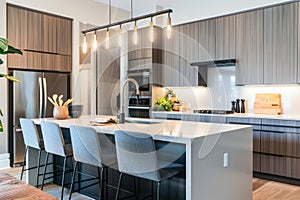 Contemporary Kitchen Interior Design With Breakfast Bar and Modern Appliances at Daytime