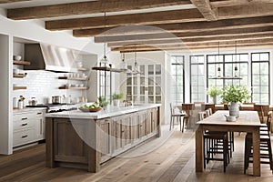 A contemporary kitchen with light wood flooring, white cabinetry, and wooden ceiling beams