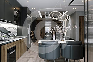 Contemporary kitchen with a sleek design and stylish decor, sea-blue color chic, and comfy chair with a white table