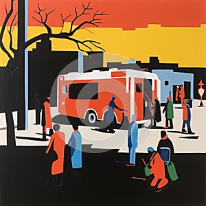 Contemporary Landscape Painting: People By Red Bus In New York City