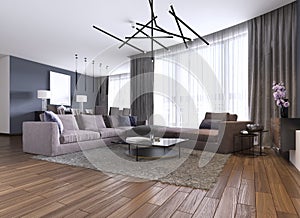 Contemporary large living room in a new apartment with a large sofa and dining area