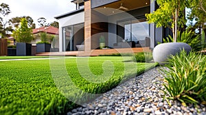 Contemporary lawn turf, wooden edging. Modern outdoor appeal, Ai Generated
