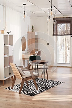 contemporary light and ambient home interior with wooden furniture in midcentury modern style. Vertical shot of sunlit