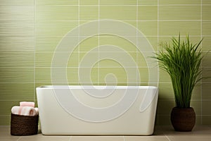 Contemporary light green bathroom interior with elegant washstand sink and modern design elements