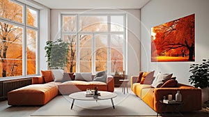 Contemporary living room in autumn colours, digital art, Generative AI
