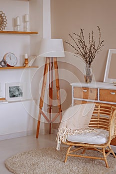 Contemporary living room with beige wicker chair