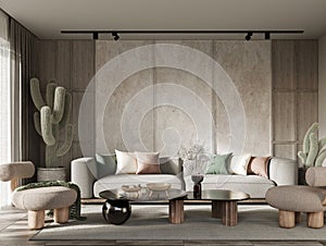 Contemporary living room desing with modern furtniture and large cacti. Wall mockup concept, 3d render