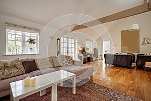 Contemporary living room interior with beams and floorboards