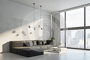 Contemporary living room interior with big couch, other pieces of furniture, curtain, window with daylight and city view.