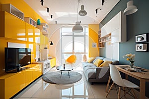 contemporary living room interior design, featuring yellow and blue colors for fresh and modern look