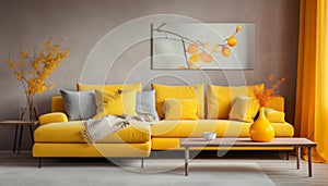 Contemporary living room interior design with vibrant yellow tones and captivating art on the wall