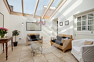 Contemporary living room interior with glass ceiling
