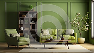 Contemporary living room interior with green tone colors and artwork adorning the wall