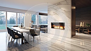 Contemporary living room interior in a luxury cottage. Large bio fireplace with marble finish, dining area, comfortable