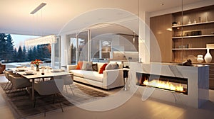 Contemporary living room interior in a luxury cottage. Large bio fireplace with marble finish, dining area, comfortable