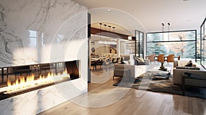 Contemporary living room interior in a luxury cottage. Large bio fireplace with marble finish, dining area, comfortable