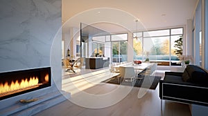 Contemporary living room interior in a luxury cottage. Large bio fireplace with marble finish, dining area, comfortable