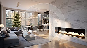 Contemporary living room interior in a luxury cottage. Large bio fireplace with marble finish, dining area, living area