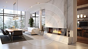 Contemporary living room interior in a luxury cottage. Large bio fireplace with marble finish, dining area, living area