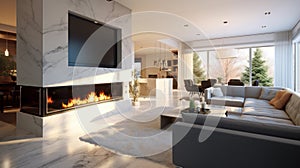 Contemporary living room interior in a luxury cottage. Large bio fireplace with marble finish and integrated flat TV