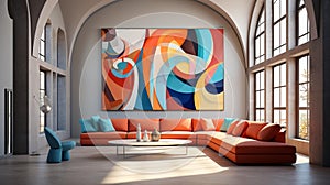 Contemporary living room interior with an orange sofa and a large abstract painting, AI-generated.