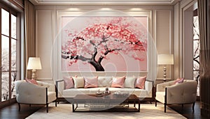 Contemporary living room interior with pink toned colors and artwork adorning the wall