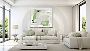 Contemporary living room interior with refreshing green tone colors and captivating art on the wall