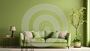 Contemporary living room interior with vibrant green tones and captivating artwork on the wall