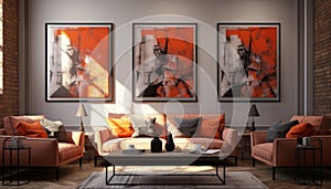 Contemporary living room interior with vibrant red tones and captivating artwork adorning the walls
