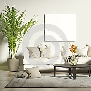 Contemporary living room with mock up poster