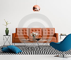 Contemporary living room with orange leather sofa