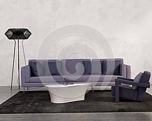 Contemporary living room with purple sofa photo