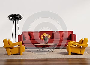 Contemporary living room with red sofa