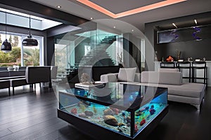 contemporary living room with sleek black furniture and colorful aquariums