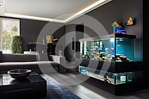 contemporary living room with sleek black furniture and colorful aquariums