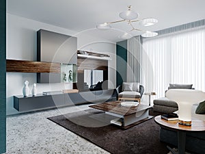 Contemporary living room studio, aquamarine walls with wooden panels and a round mirror, a white corner sofa and a black cabinet