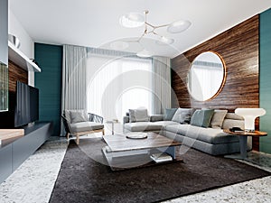 Contemporary living room studio, aquamarine walls with wooden panels and a round mirror, a white corner sofa and a black cabinet