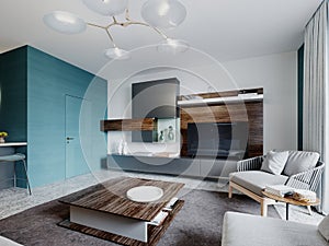 Contemporary living room studio, aquamarine walls with wooden panels and a round mirror, a white corner sofa and a black cabinet