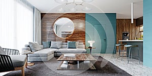 Contemporary living room studio, aquamarine walls with wooden panels and a round mirror, a white corner sofa and a black cabinet