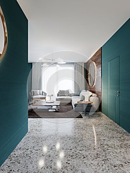 Contemporary living room studio, aquamarine walls with wooden panels and a round mirror, a white corner sofa and a black cabinet