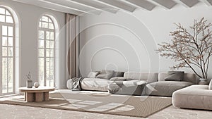 Contemporary living room in white and beige tones. Velvet sofa and carpet. Stone floor, arched windows and vaulted ceiling.