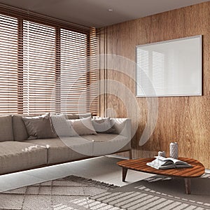 Contemporary living room with wooden walls and frame mockup in beige tones. Fabric sofa with pillows, carpets and decors.