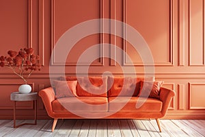 Elegant terra cotta velvet sofa in a stylish interior with wainscoting panels photo