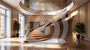 A contemporary living space showcasing a wood spiral staircase complemented by stylish railings
