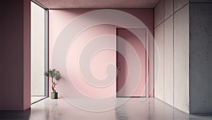 Contemporary lobby interior, empty hotel corridor, pink and gray wall, Generative AI