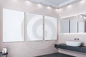Contemporary loft bathroom with three blank poster